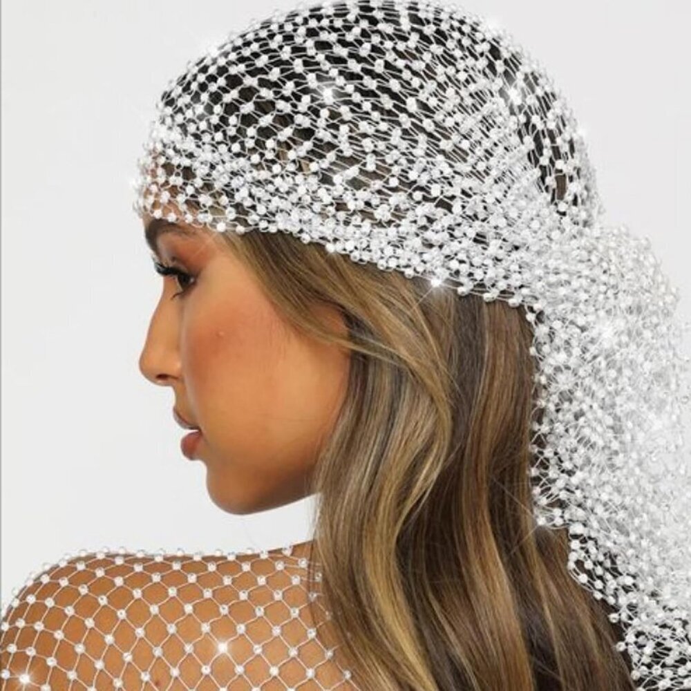 Rhinestone Mesh Headband Womens Sparkly Wide Scarf Nightclub Rave Party Accessor